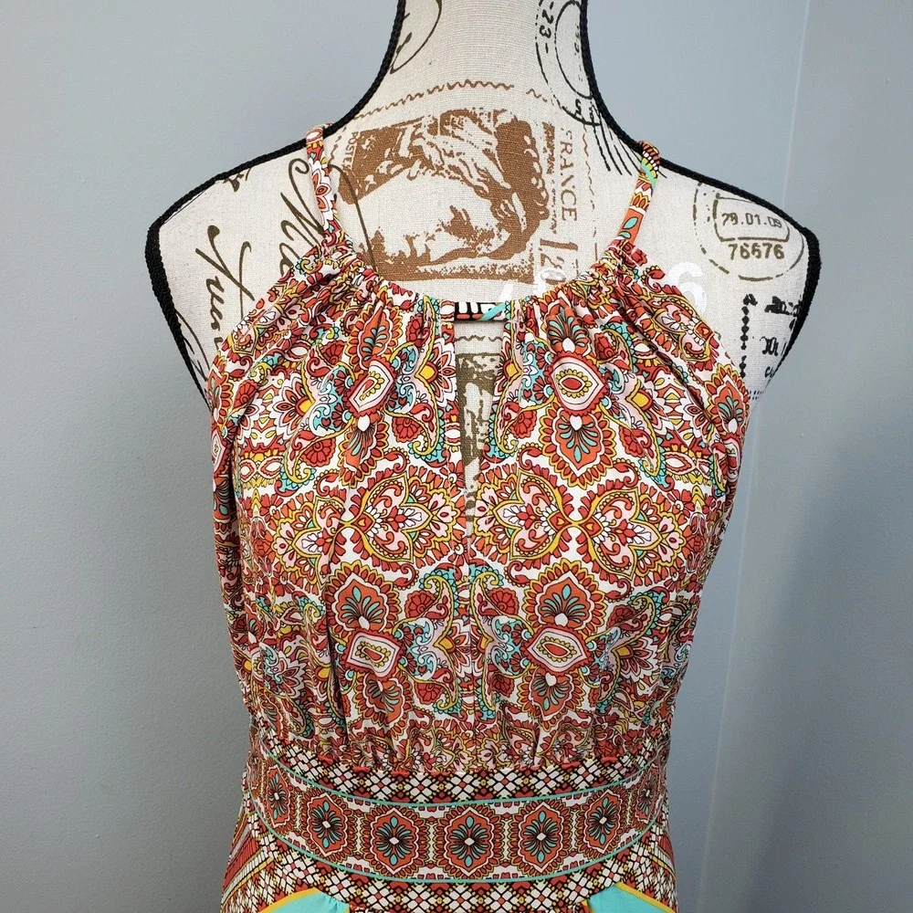 London Times Maxi Dress Womens 12 Multi Patterned Sleeveless Pleated Halter Neck - Picture 6 of 9
